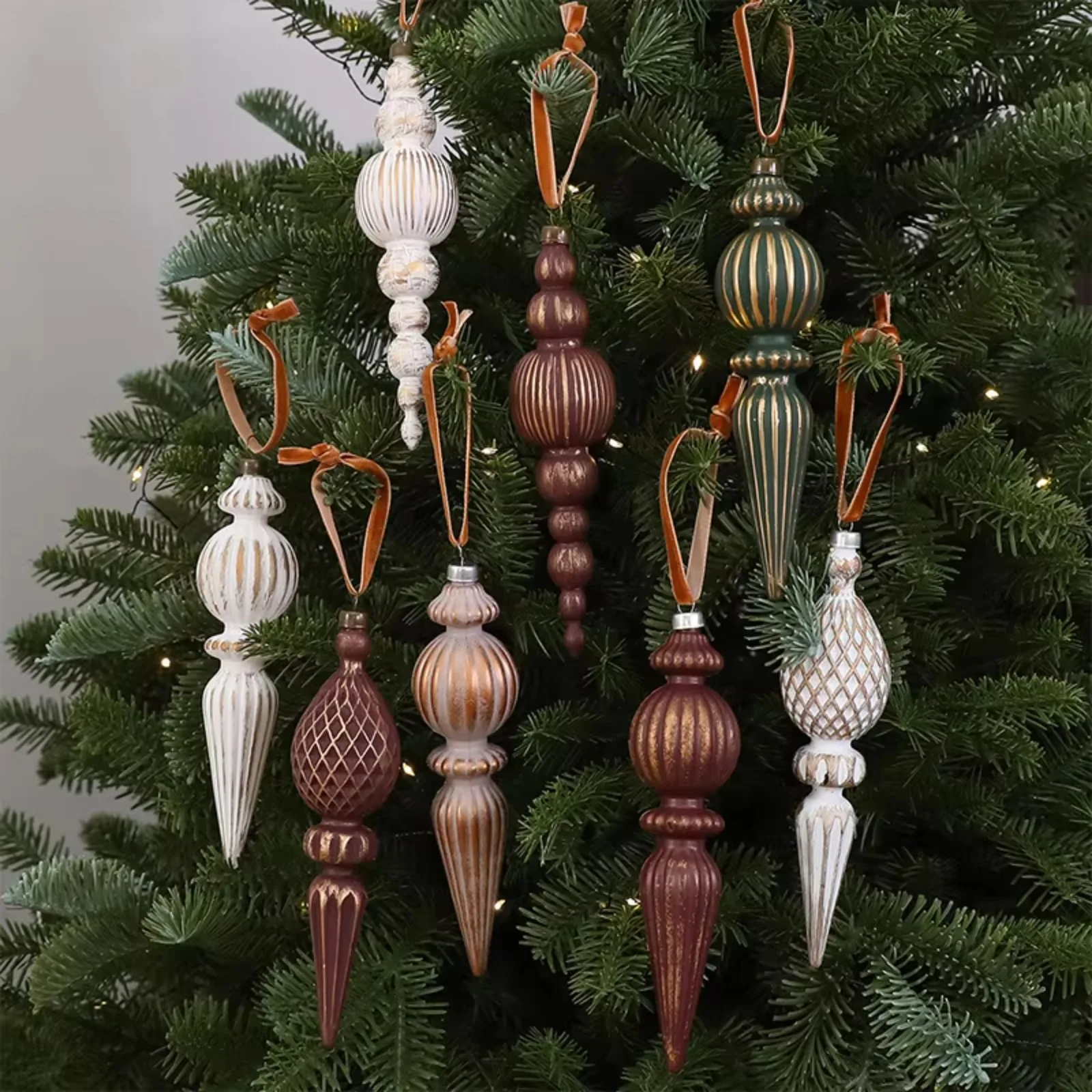 Christmas Tree Ornaments 9Pcs Gold Brushed Plastic Hanging Decor Satin Ribbon Long Shaped Holiday Home Party Tree Decoration Set
