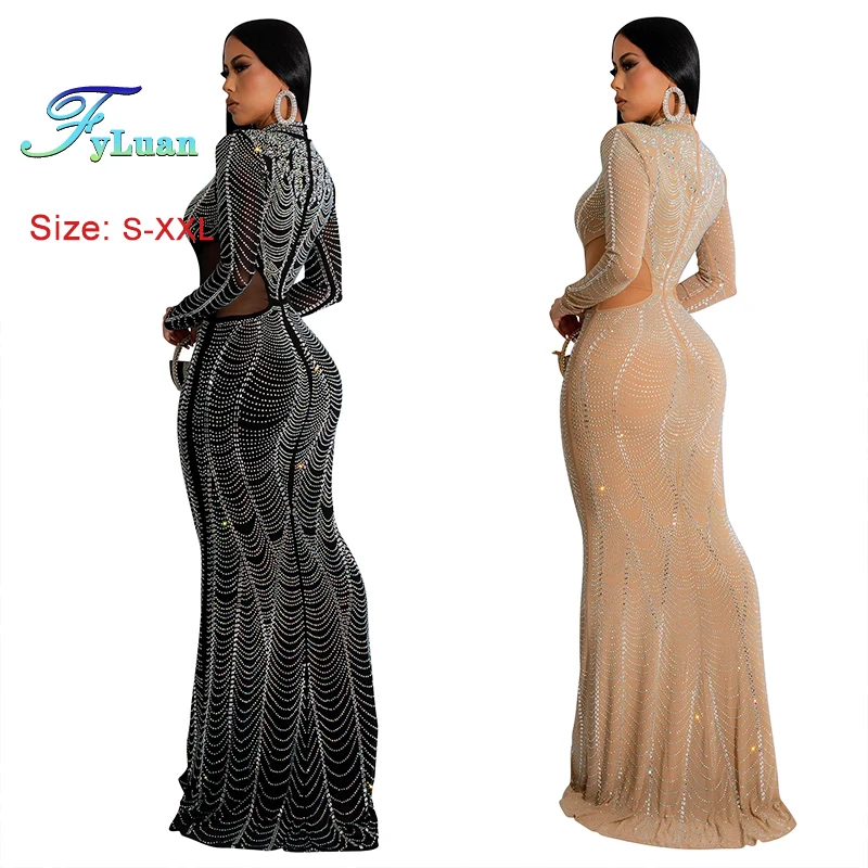 새로운 컷 아웃 허리 여성 Bodycon 맥시 드레스 라인 석 쉬어 메쉬 바닥 길이 섹시한 클럽 복장 2025 섹시한 스타일 핫 파티 드레스