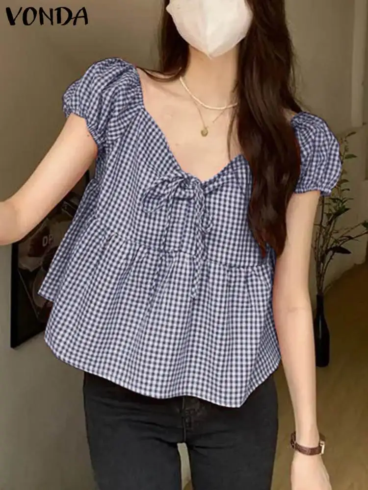 VONDA Women Fashion Plaid Blouse 2024 Summer Short Sleeve V Neck Checked Casual Shirt Bandage Bohemian Tops Blusas Femininas