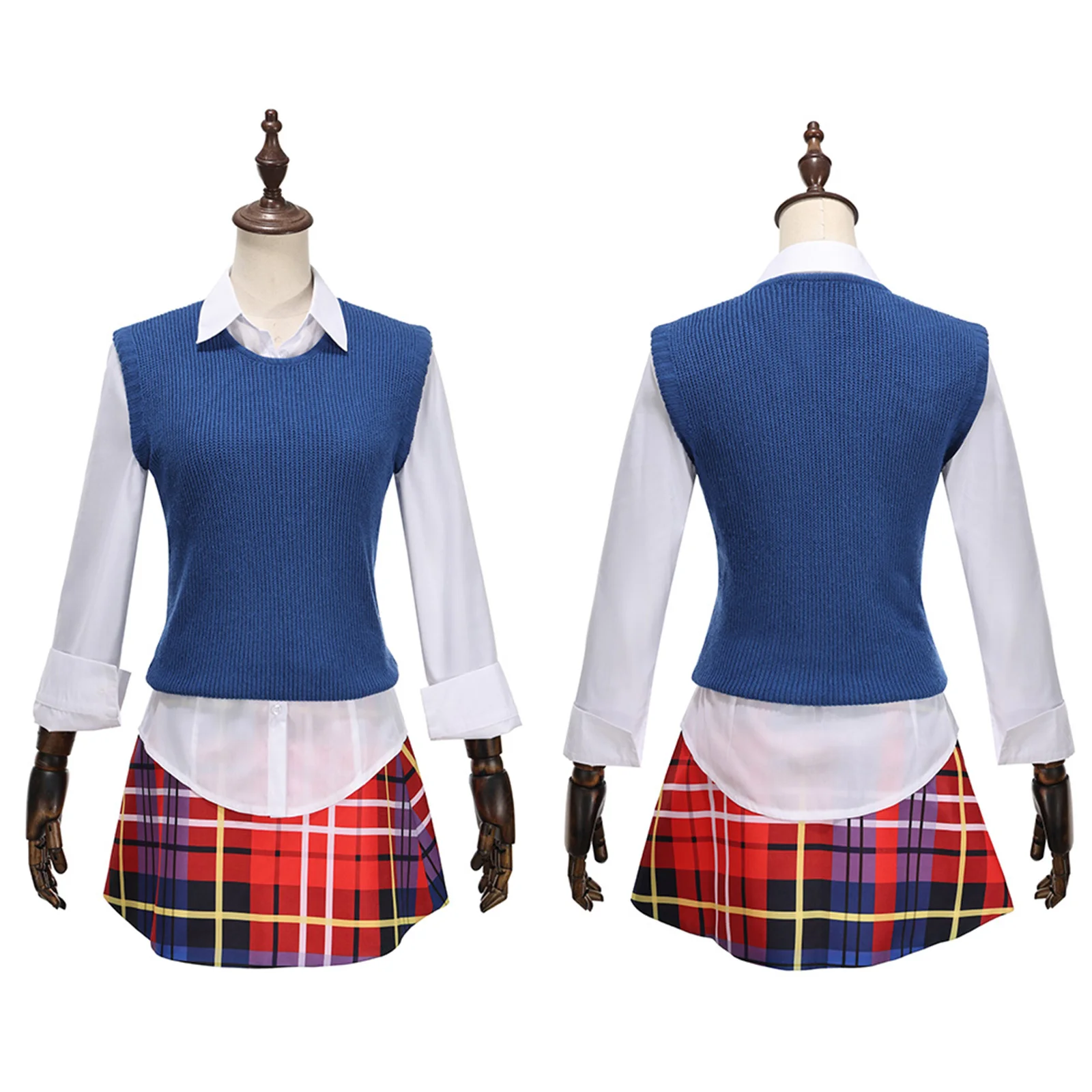 

Clueless Tai Cosplay Costume Movie Girl High School Shirt Blue Vest Checkered Skirt Set with Socks Halloween Party Uniform