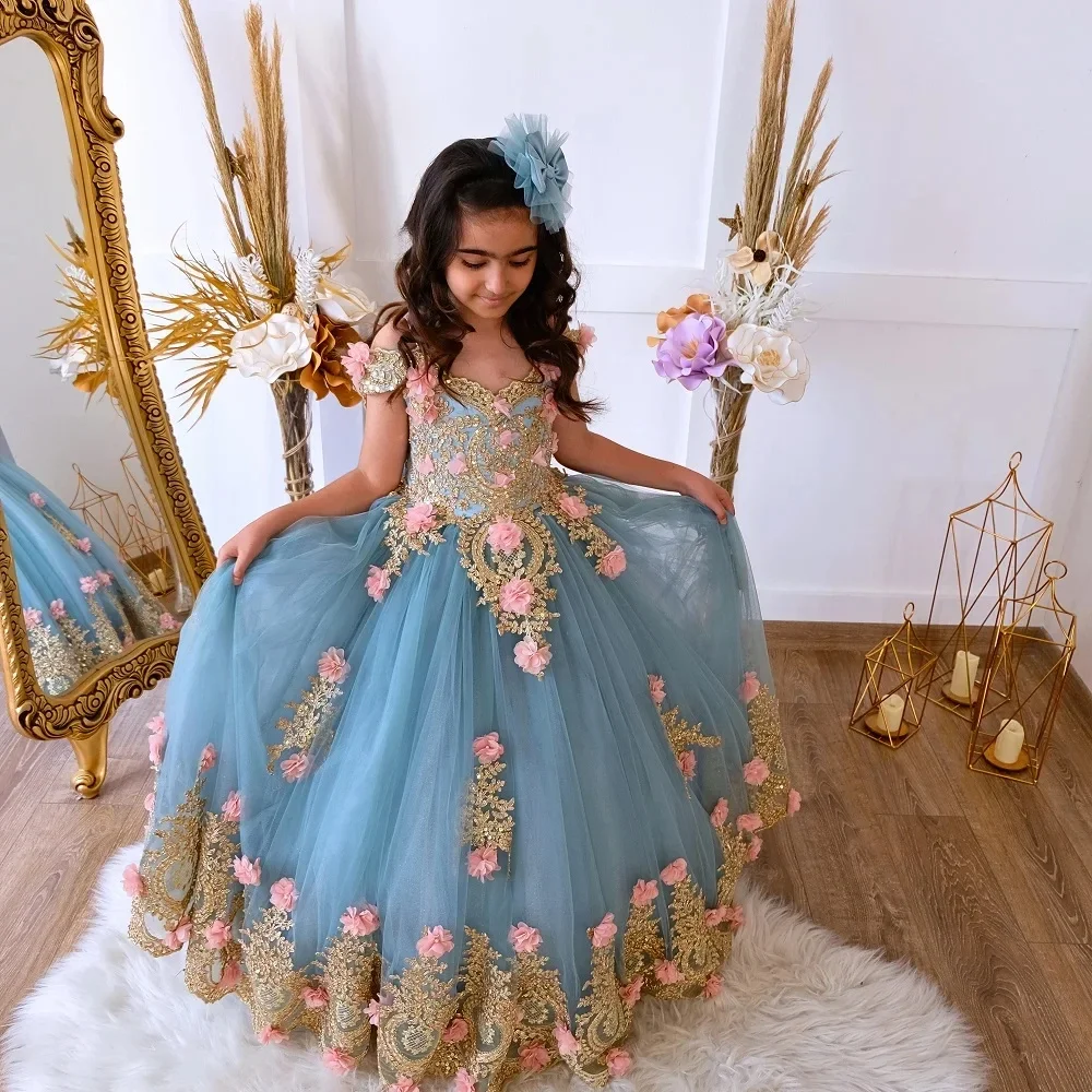 Blumenmädchenkleid Wunderschöne goldene Applikationen Quinceanera Geburtstag Abschlussball Lange Prinzessin Kleider Blumen Baby Mädchen Hochzeit Party Kleider