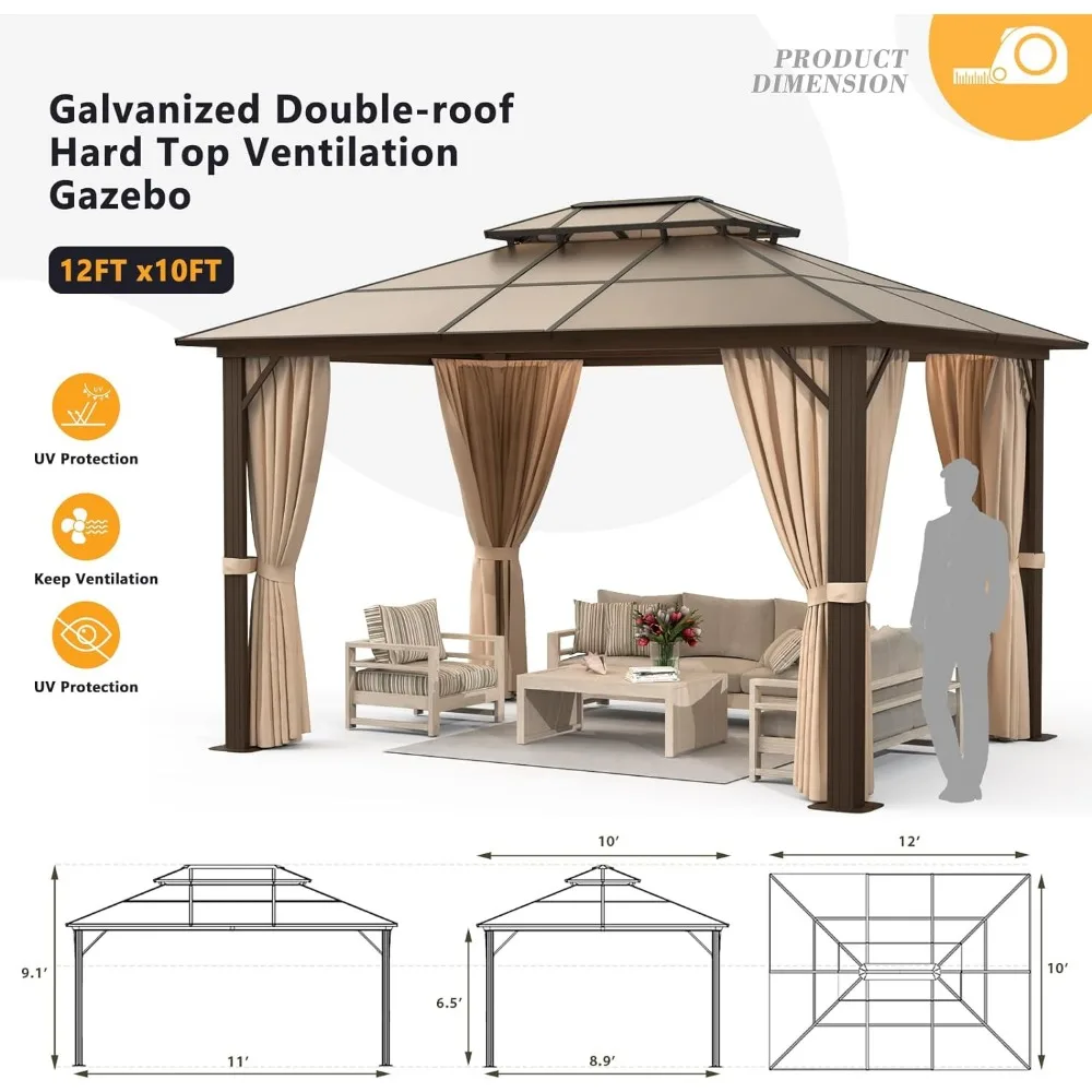 Imagem -05 - Gazebo de Teto Duplo Estrutura de Alumínio Pavilhão Permanente Rede e Cortinas 10 Pés x 12 Pés