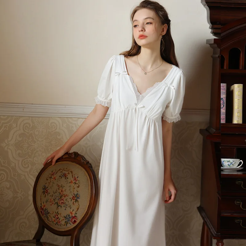 Women Sexy V-Neck Short Sleeves White Nightdress Loose Design Mid-Calf Long Style Cotton Nightgowns Summer Casual Home Dresses