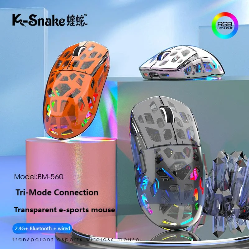 

Прозрачная трехрежимная беспроводная мышь 2,4G + Bluetooth + проводное соединение RGB-подсветка Компьютерные мыши 3600 точек на дюйм 6 клавиш для киберспорта геймера