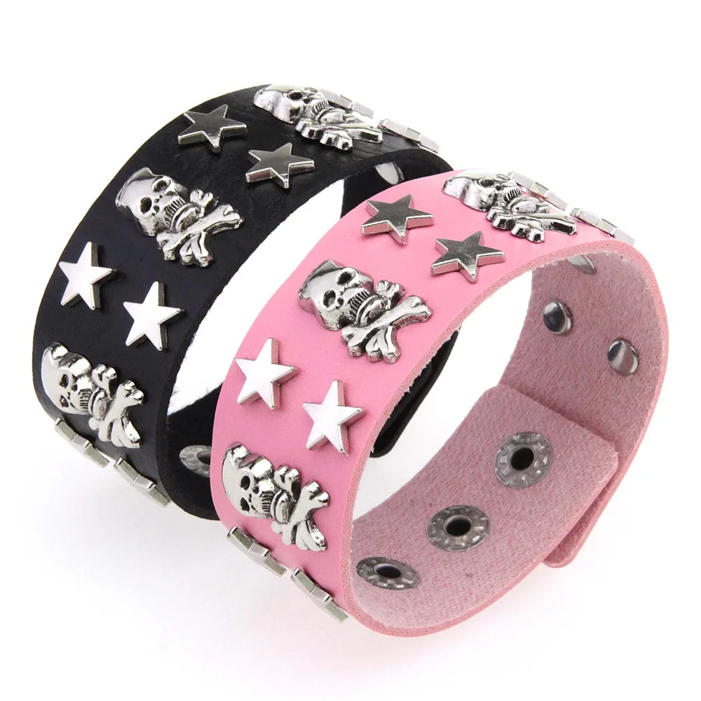 2025 Wide PU Leather Star Skull Bracelets Punk Bracelet Adjustable Goth Cuff Bangle Gothic Rivet Buckle Wristband For Women Men