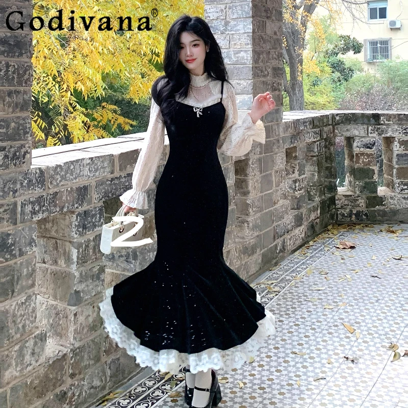 

Large Size Women French Retro Velvet Two-piece Lace Slash Neck Bow Fishtail Suspender Dress Elegant Long Sleeve Bottoming Shirt