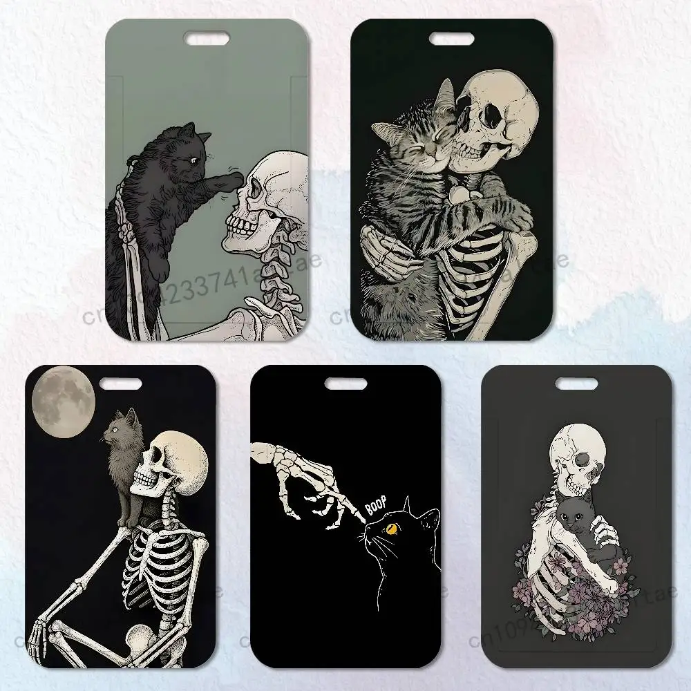 

Skeleton Cat Painted Badge Holder Pass Bus Work Card Cover Chest Pocket Students Card Holder Small Gift