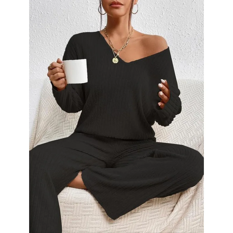 

2 pcs set Solid Color Woman Girls V-neck Ribbed Two-piece Set Casual Home Wear Women Long sleeve t shirt and pant warm nigtgown