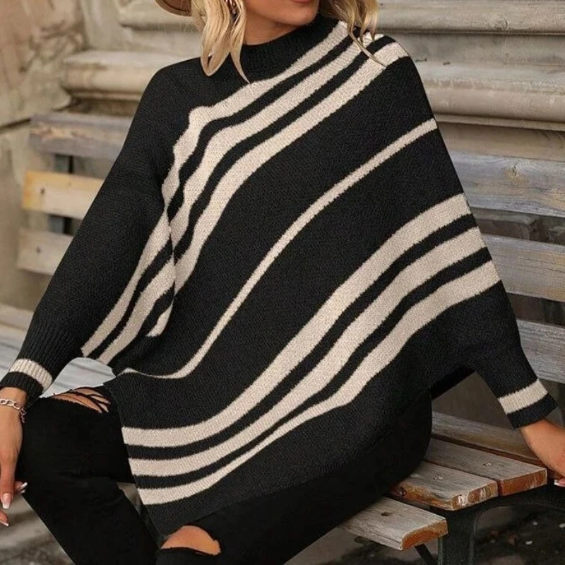 

Half-neckline Mock Pullover Bold Stripe Pattern Drop Shoulder Jumper matched Capelet Loose Knitted Batwing Sleeve Sweater