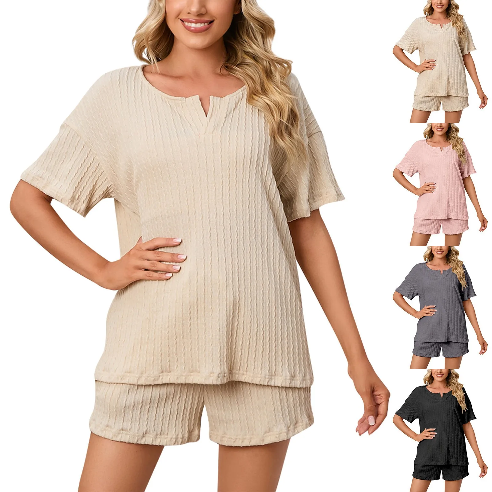 Plus Size Women's Pajamas Set Scroop Neck Tee & Shorts 2 Pieces Sleepwear Solid Elastic Nightwear Homewear Cloth for Summer