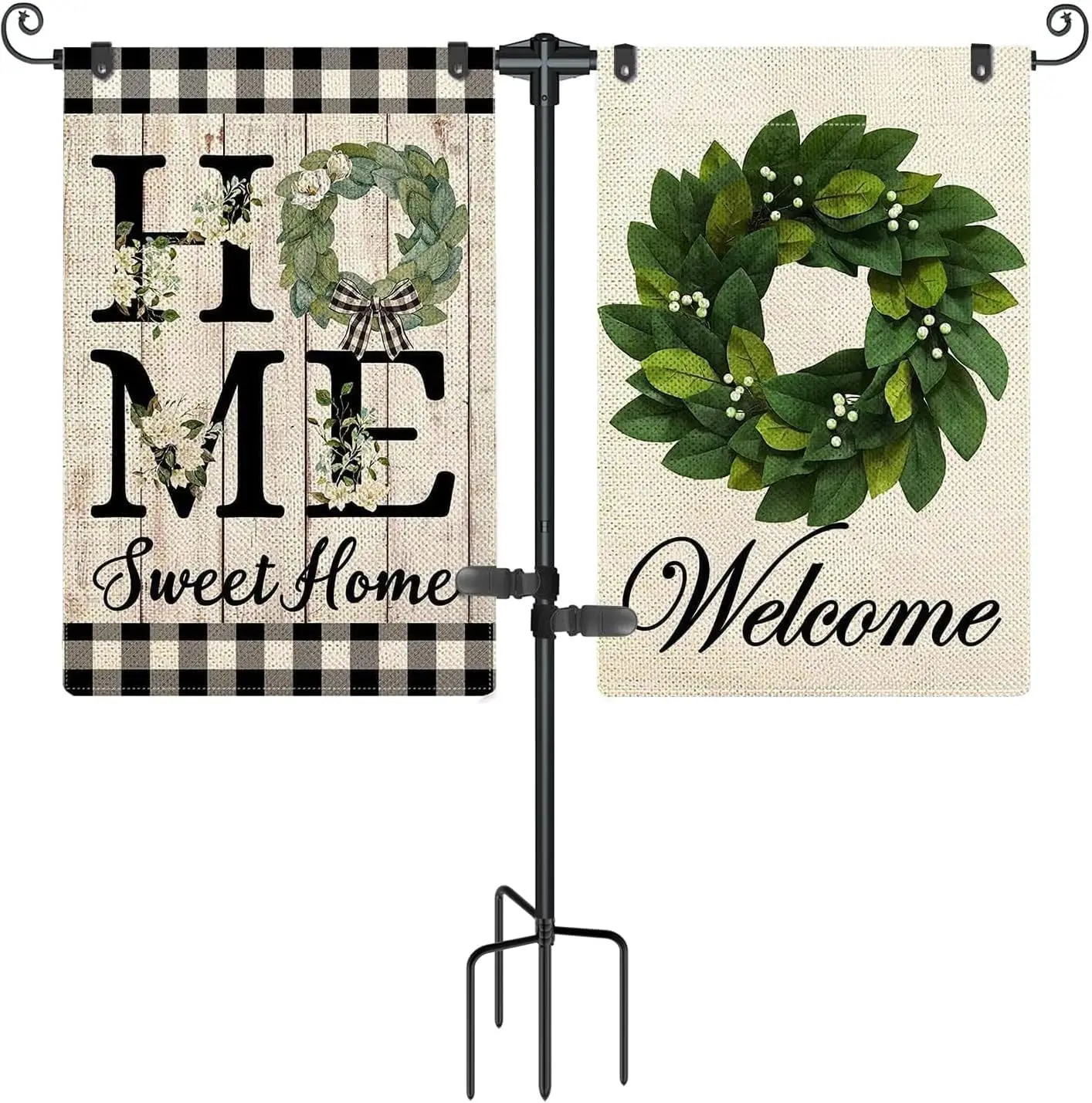 

Garden Flag Stand Holder with 4 Prong Base for Double Flags, Extra Thick Heavy Duty Yard Flag Pole for Outside 12x18 Patio Decor