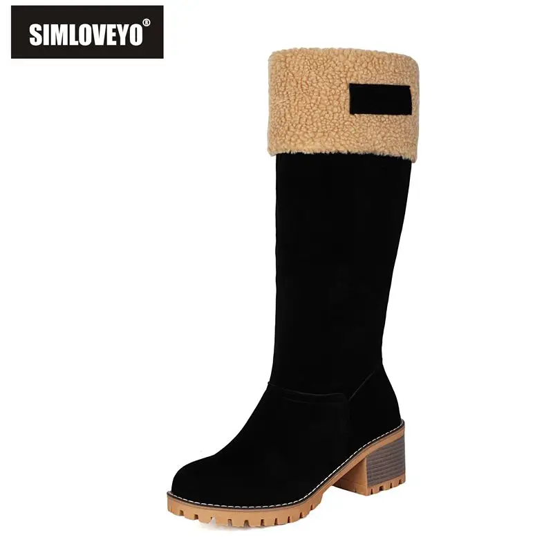 

SIMLOVEYO новые замшевые женские сапоги до колена из флока, повседневные теплые ботильоны на блочном каблуке 6 см на молнии для отдыха, большие размеры 41-43, коричневые распродажа