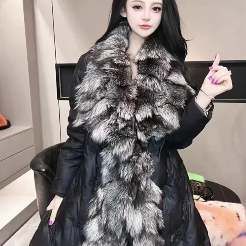 New big hair collar white down women's long temperament trench coat