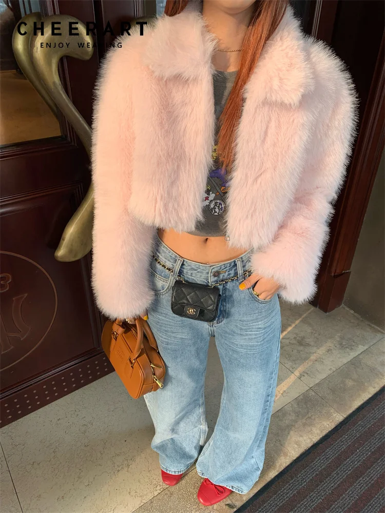 CHEERART Pink Faux Fur Coat Women Outerwears Winter Fashion Cropped Fur Jacket Casual Furry Fluffy Jacket 2024 Clothes