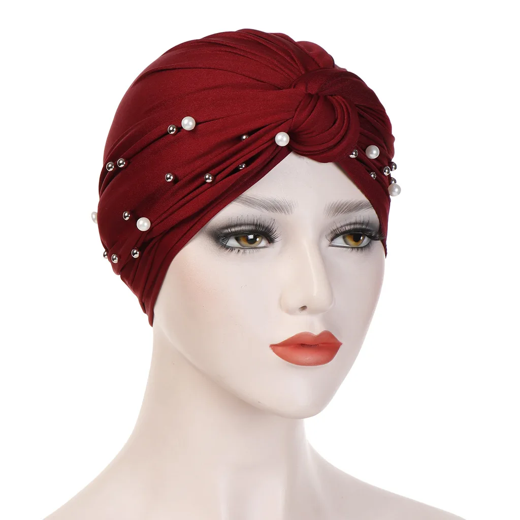 Ramadan Muslim Hijab Caps Fashion Beaded Headscarf Scarf Cap Solid Color Women Wrap Head Bonnet Turban Hat Headwear