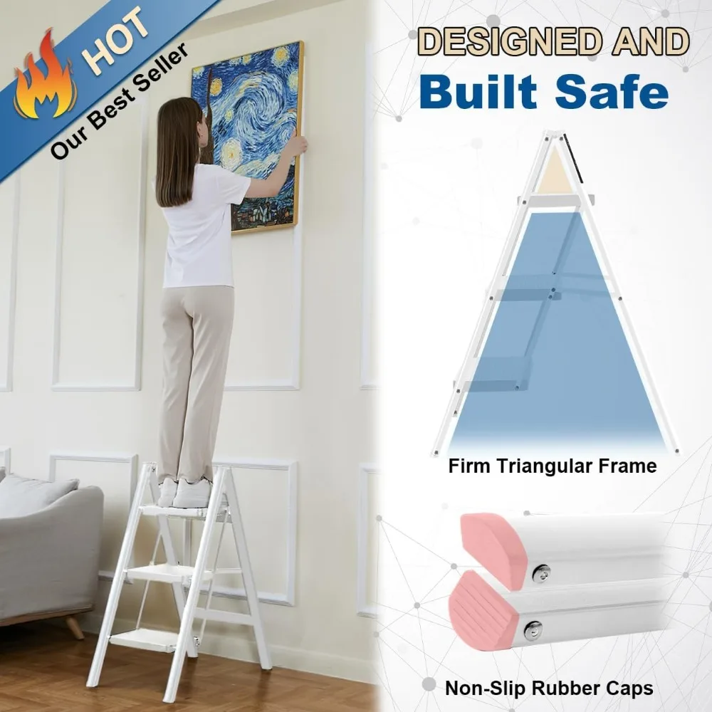 丈夫な3段折りたたみ式はしご、大人用、耐荷重330ポンド、安全なスチール製キッチンとクローゼット用ステップスツール