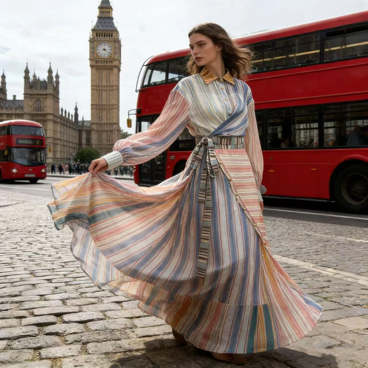 

Новинка 2026 года, шелковый льняной полосатый лоскутный праздничный ветровой воротник, фонарь Све, комплект футболок Dr Ele, женский костюм