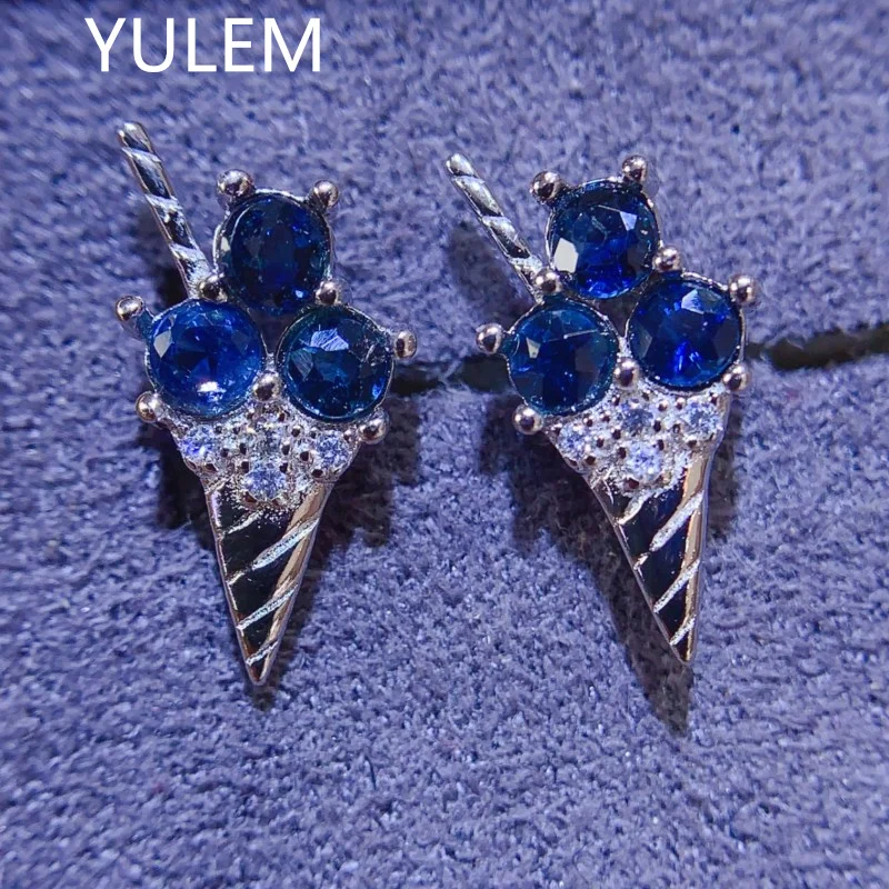 

YULEM Round Sapphire Stud Earrings 3mm Natural Sapphire 925 Silver Ice Cream Design Gift for Woman Simple Gemstone Earrings