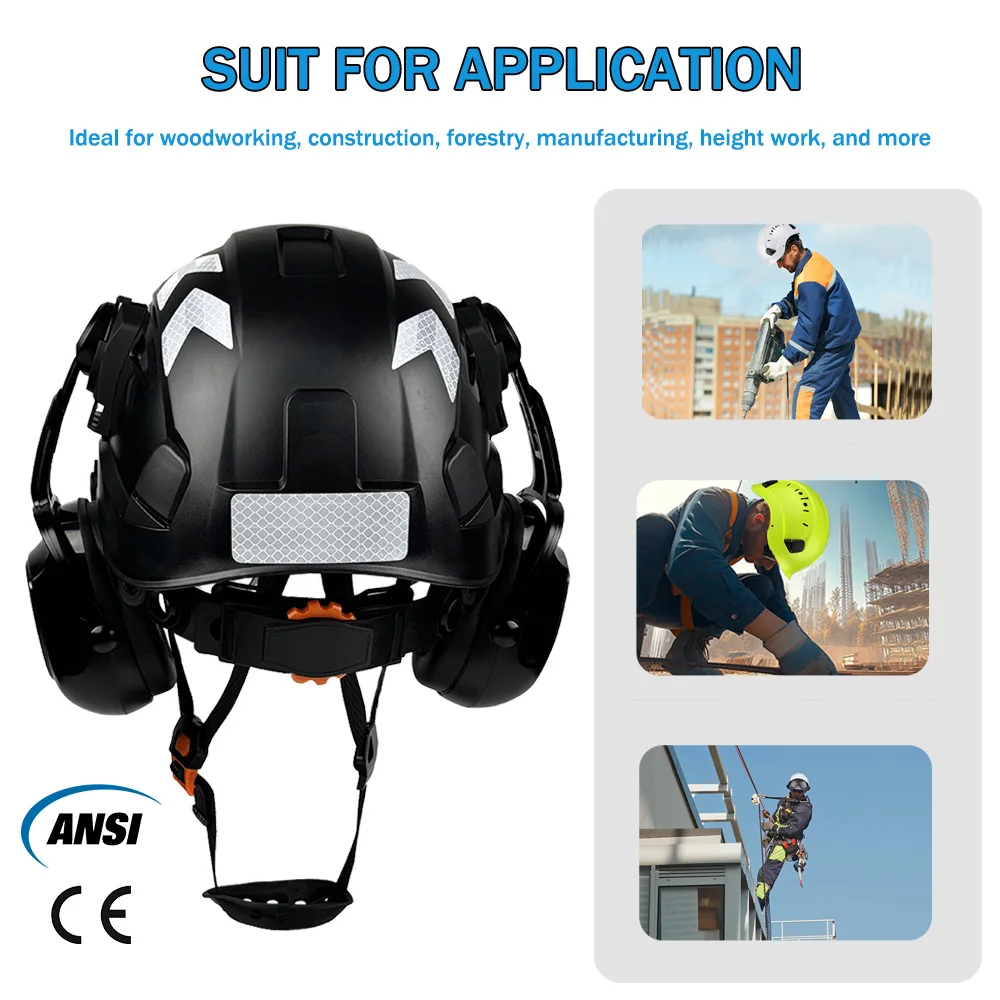 CE Construction Safety Helmet With Built In Goggles Earmuffs Reflective Stickers Hard Hat With Visor Adjustable Vented ABS Hardh