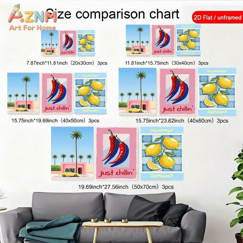 Retro Summer Fruit Palm Car Canvas Wall Art 3pcs Chili Lemon Vintage Tropical Poster Unframed Canvas Print For Kitchen Living