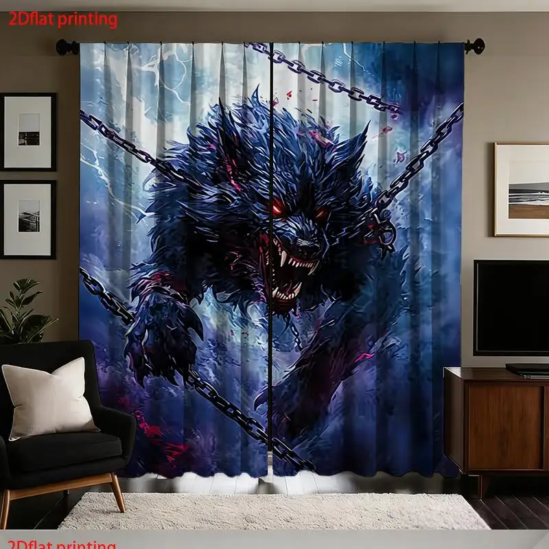 Werewolf Chains Curtain, Scary Wolf Monster Window Drape, Blue Lightning Blackout Panel, Gothic Horror Room Decor, Man Cave Gift
