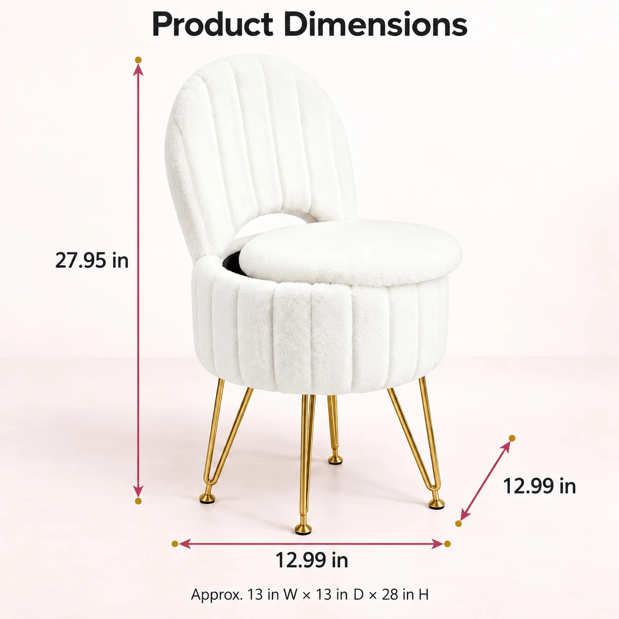 White Faux Fur Vanity Stool Chair with 7.9 Liter Hidden Storage Folding Backrest Thick Padded Seat Gold Metal Legs Adjustable Feet 284 LB Capacity Compact Makeup Ottoman Bench for Bedroom Living Room  image 4
