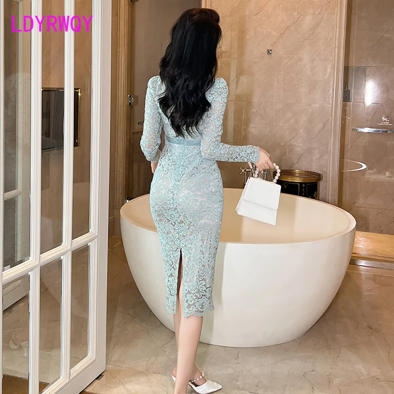 2023 Autumn/Winter Women's French Style Square Neck Slim Fit Lace Dress with Bottom Wrap