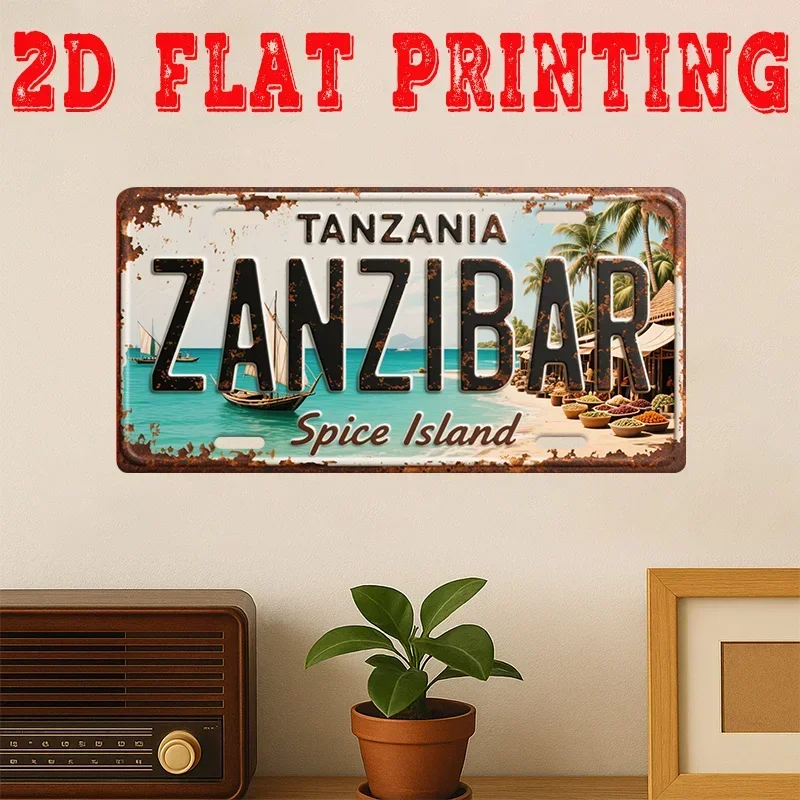 2D Flat,1pc Zanzibar Island Metal Tin Sign - Vintage Tanzania Map & Arabic Script Wall Art, Spice Island Retro Beach House De