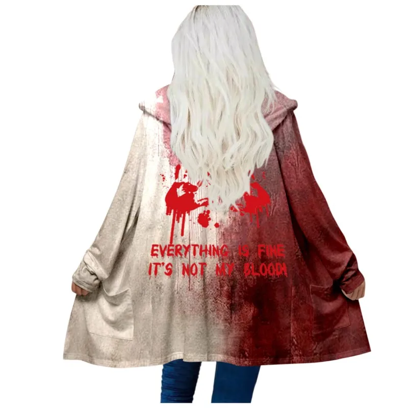 2024 Autumn 3D digital printed Halloween casual long sleeved pocket cardigan hooded mid length loose jacket for women