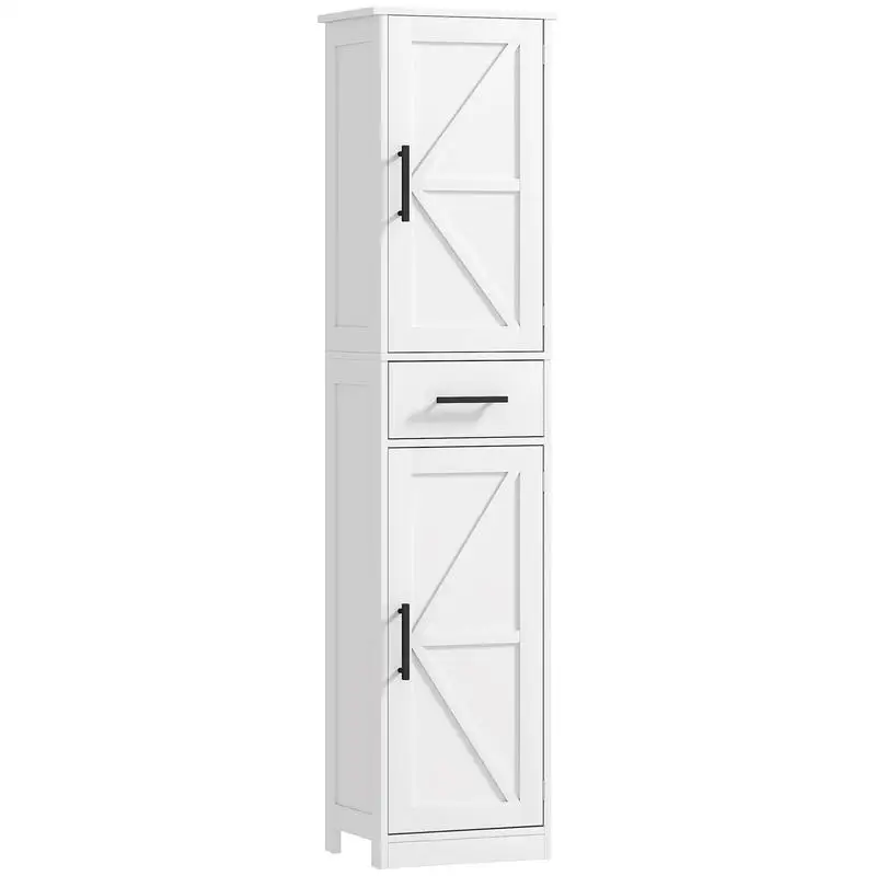 

HOMCOM Farmhouse Linen Closet with Drawer, 67" Tall Bathroom Storage Cabinet with Barn Doors and Adjustable Shelves, White