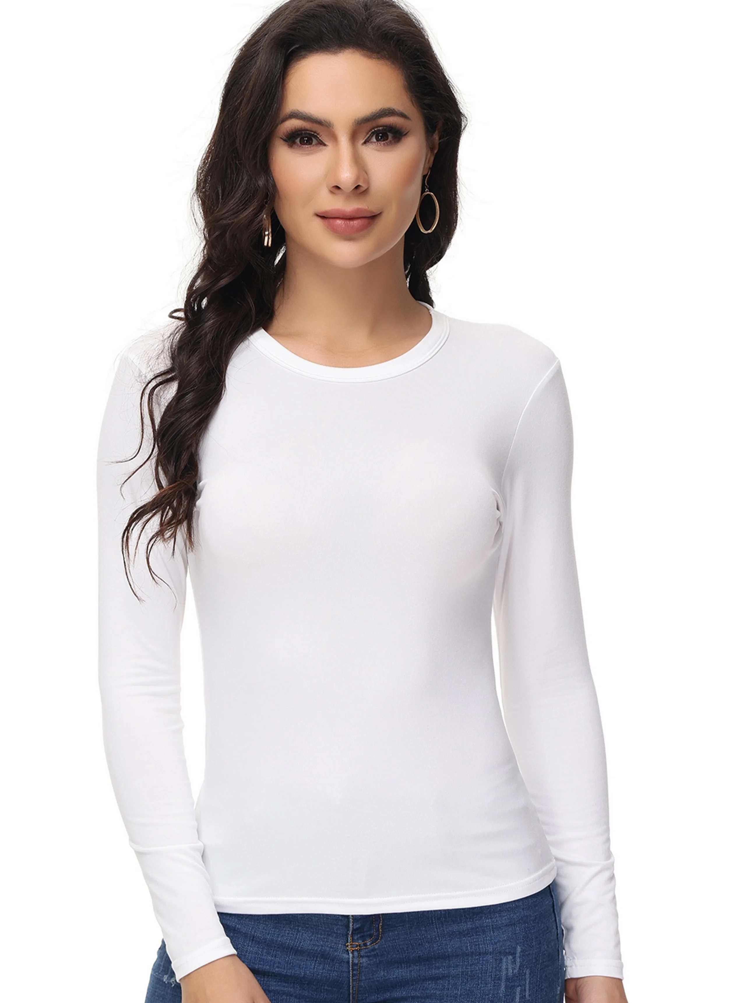 レディース長袖通気性ラウンドネックスポーツトップ、無地、運動やカジュアルウェアに最適