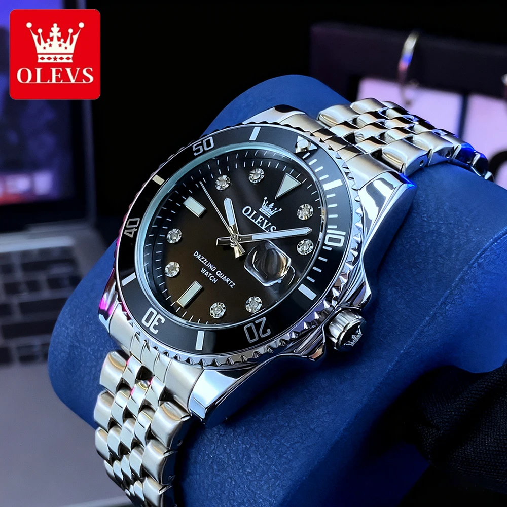 OLEVS Top Marke Herrenuhren Trend Mode Feiner Stahl Original Quarz Armbanduhr Wasserdicht Leuchtendes Großes Datum Taucher Lünette 9809