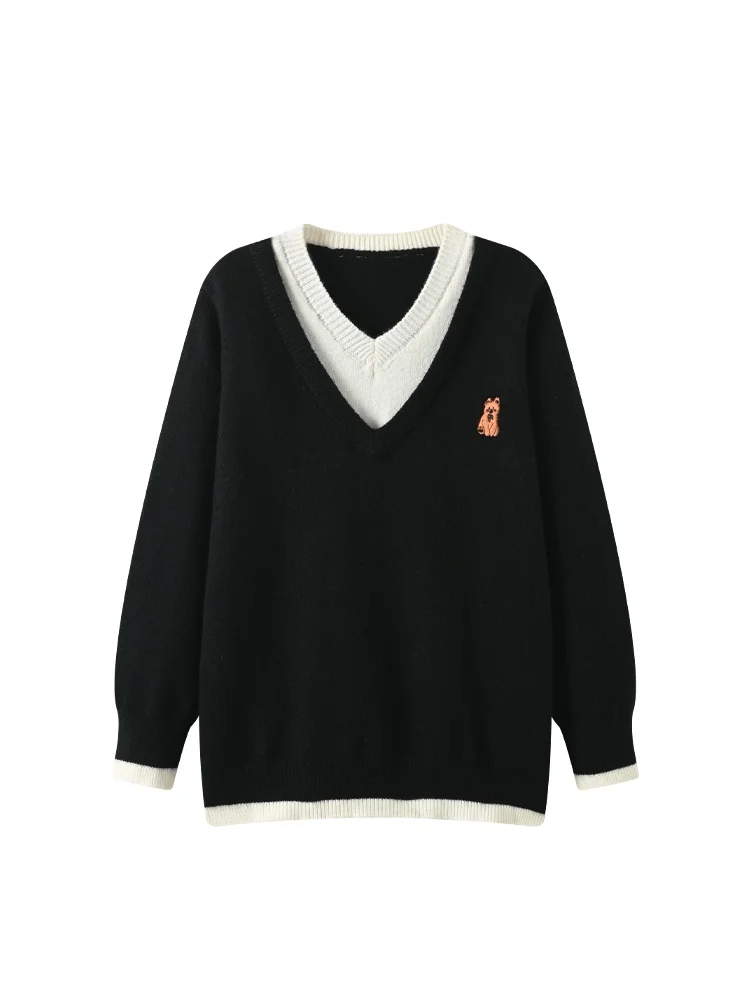 

Loose V-Ne Long Sve Sweater Women plus Size Casual Sle Autumn Faion plus Size Sister Fake Two-Piece New Sweater