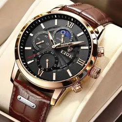 LIGE-Montre à quartz en cuir marron pour homme, montres de sport étanches, horloge décontractée, marque supérieure, luxe, nouveau, 2024