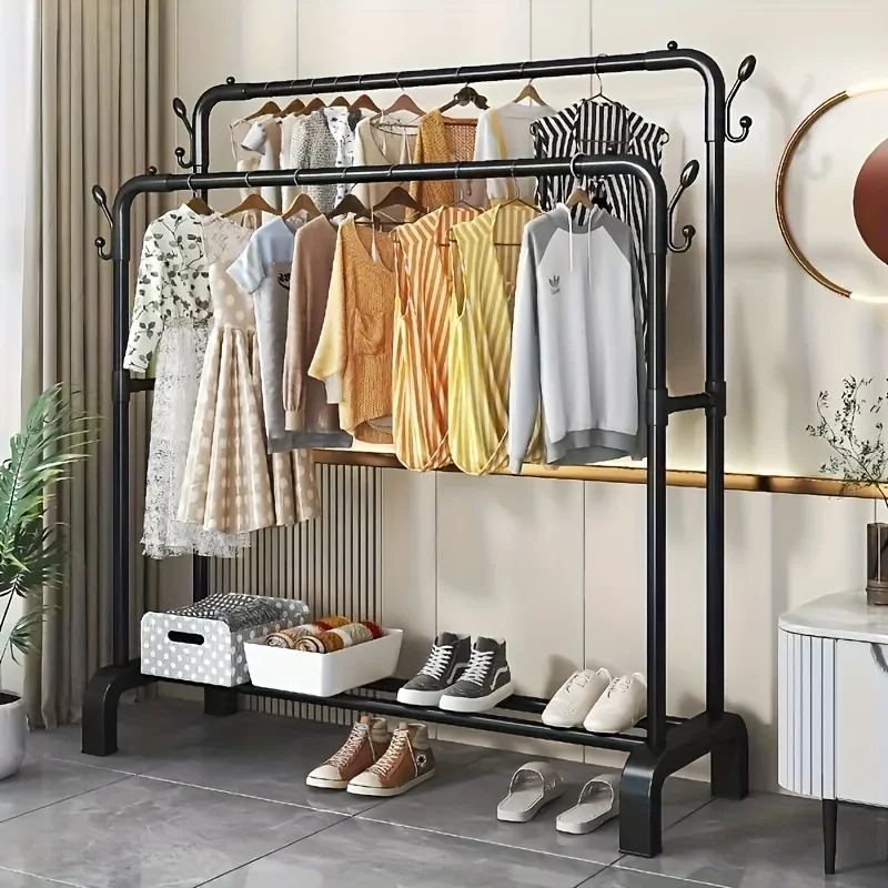 Custom.Double Rod Clothes Rack, Modern Style, Stainless Steel, Freestanding with 4 Hooks, Multi-Functional Wardrobe Storage,