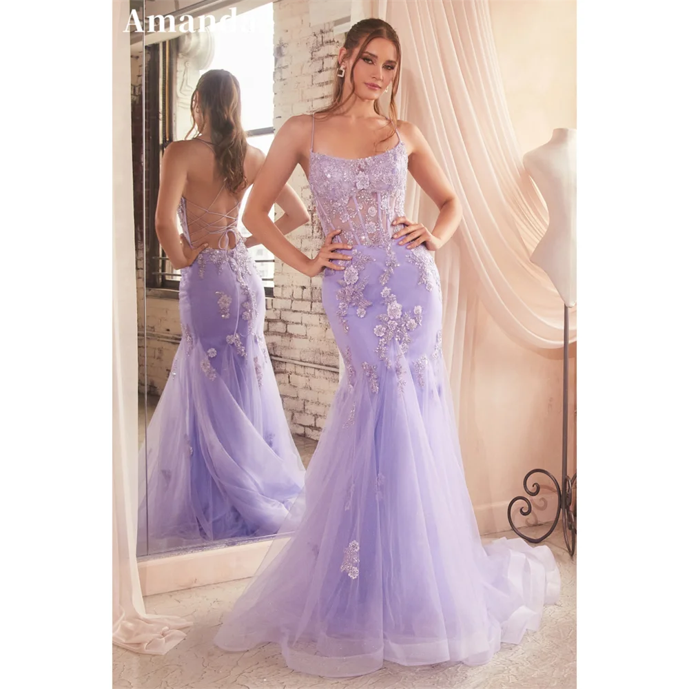 

Amanda Lavender Prom Dresses Lace Embroidery Mermaid Evening Dress Sleeveless Spaghetti Strap Backless Party vestidos de fiesta