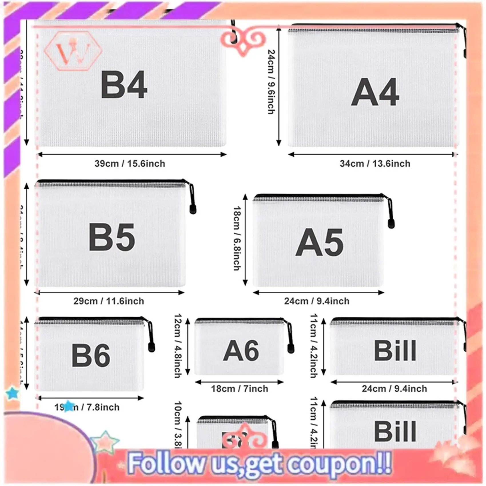 Upgraded 36Pcs Mesh Zipper Pouch Document Bag, 8 Assorted Size, Waterproof Plastic Zip File Folders, Multipurpose For Office,Hom