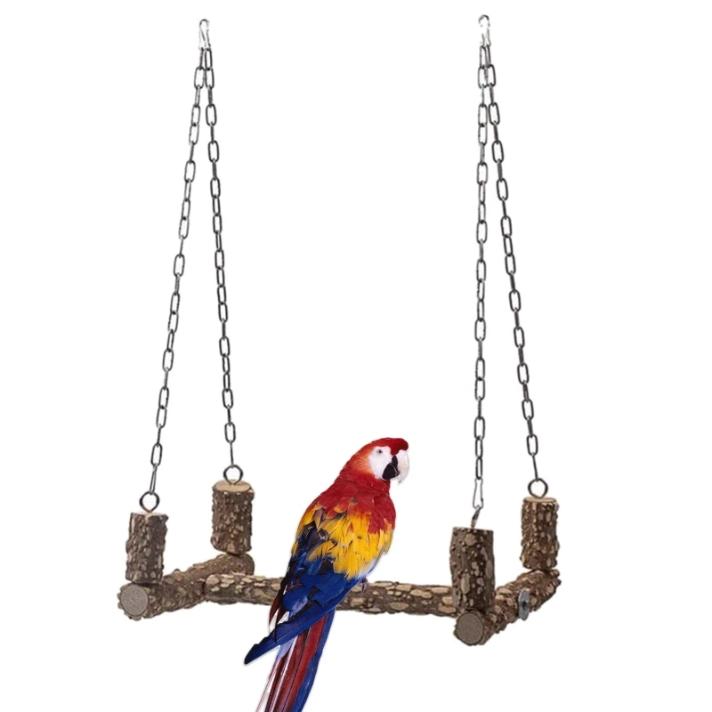 Parrot Swing Natural Bird Toy Wooden Stand Perch Chew Metal Chain Cage Accessories for Large Pet Birds