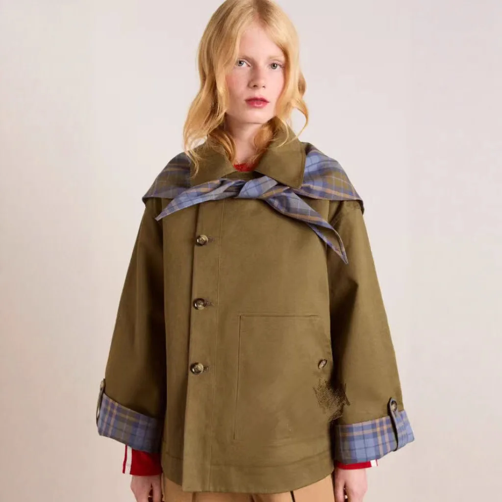 

Faionable Retro Plaid Double-Sided Wearable Scarf Coat for Women Turn-down Collar Outerwear Stand Fit Long Sve Casual...