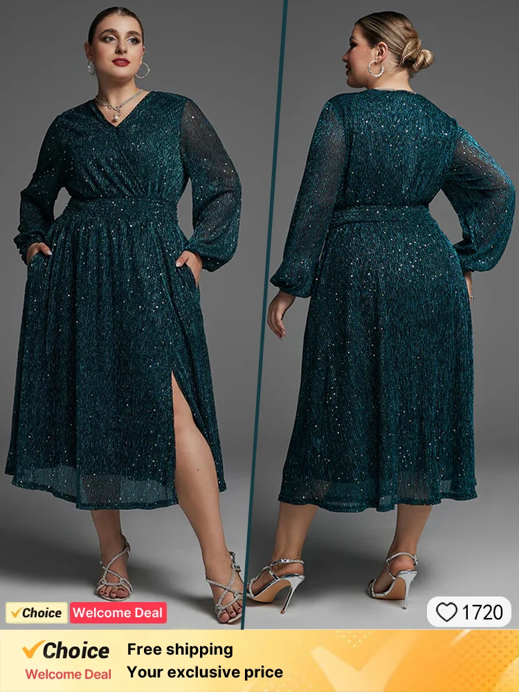 

2025 new plus size fashionable women's dress green chiffon long sleeved evening dress sexy V-neck sequined women's dress