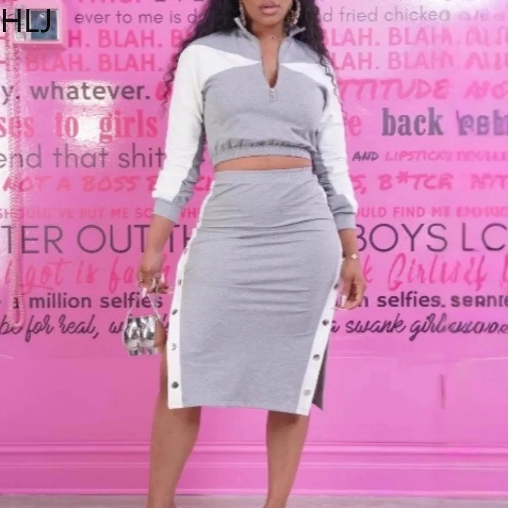 

HLJ Casual Two Piece Sets Women Outfits Color Block Zip Long Sleeves Crop Top +button Patchwork Skirt Female Streetwear Clothing