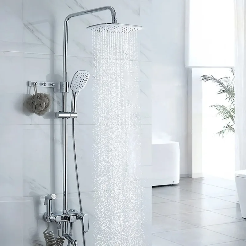 

Modern High Quality 4-Function Brass Bathroom Shower Faucet Set Chrome Waterfall with Rain Massage Single Handle Bathing Faucet