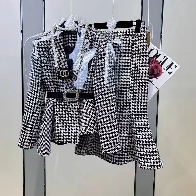 Women Elegant Party Houndstooth Tweed Suit Jacke Coat Top And Skirt Two Piece Set Matching Outfit Winter Fashion Chic Clothing