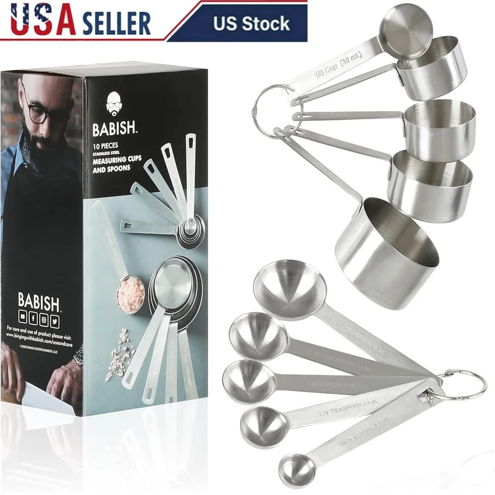

10-Piece Stainless Steel Measuring Cups and Spoons Set Durable Kitchen Tools Baking Cooking Space-Saving Storage Dishwasher Safe