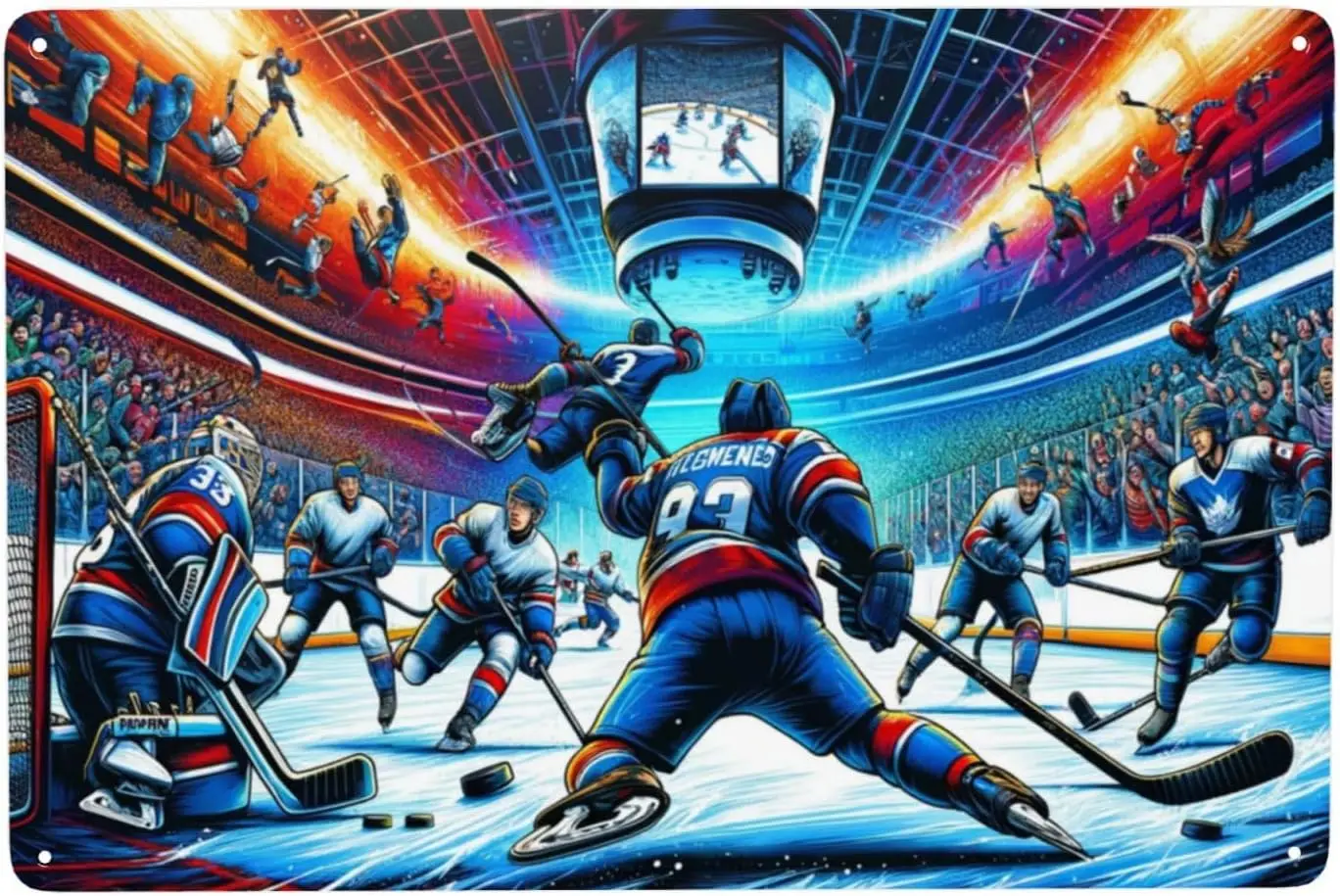 Epc ce Hockey Mtch wll rt Metl Tn Sgn,Wll Decor for Sports Br,Mn Cve,Lvng Room,Retro ntque Style Wll Pedment,Home Decor Poster P