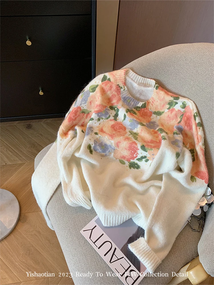 Harajuku Knitted Pullovers Women Floral Print Long Sleeve Autumn Winter Female Sweater Korean Tide Loose Baggy Hip Hop Mori Girl