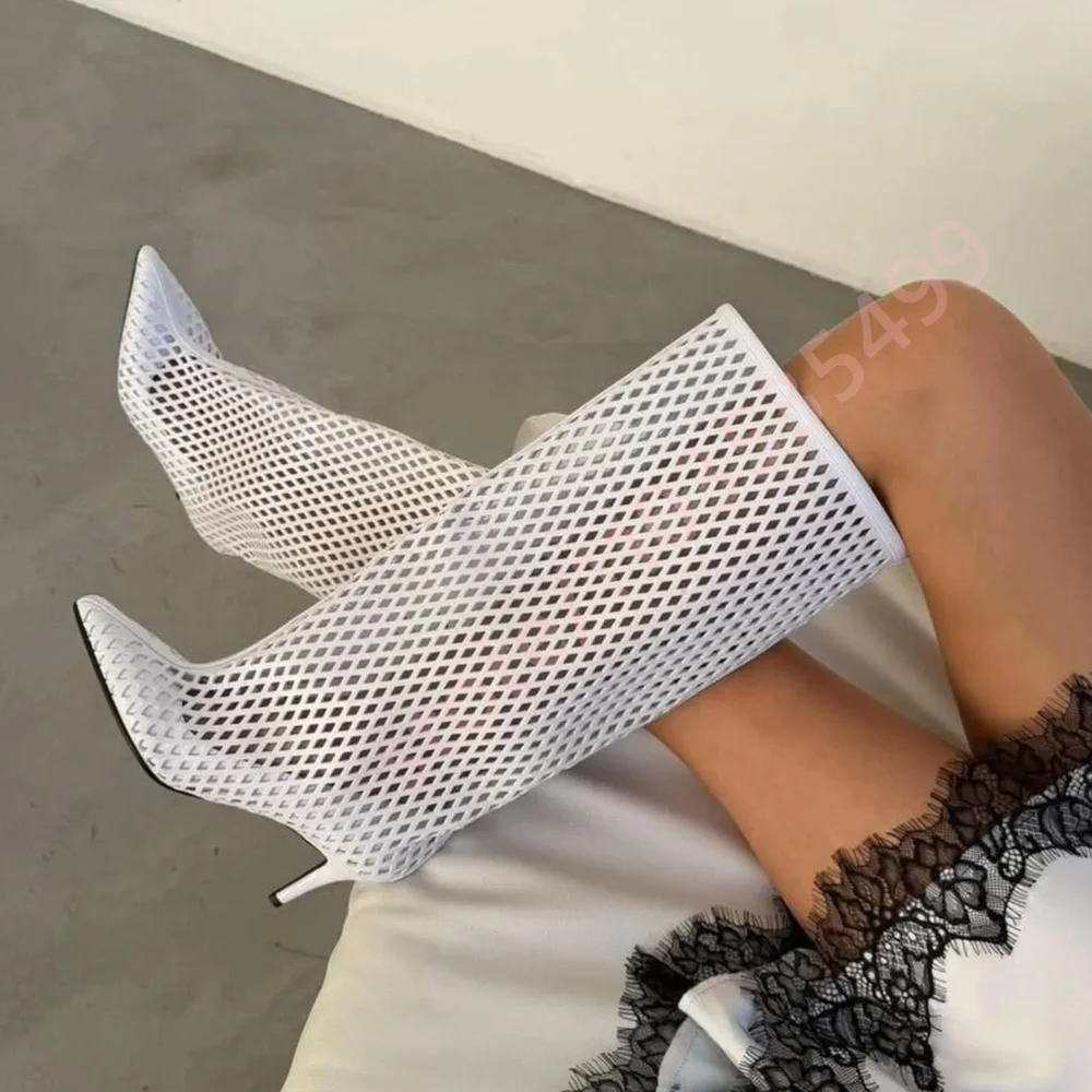 2026 New Mesh Knee High Boots for Women Pointed Toe Stiletto Heel Hollow Out Summer Boots Fashion See-Through Shoes for Party