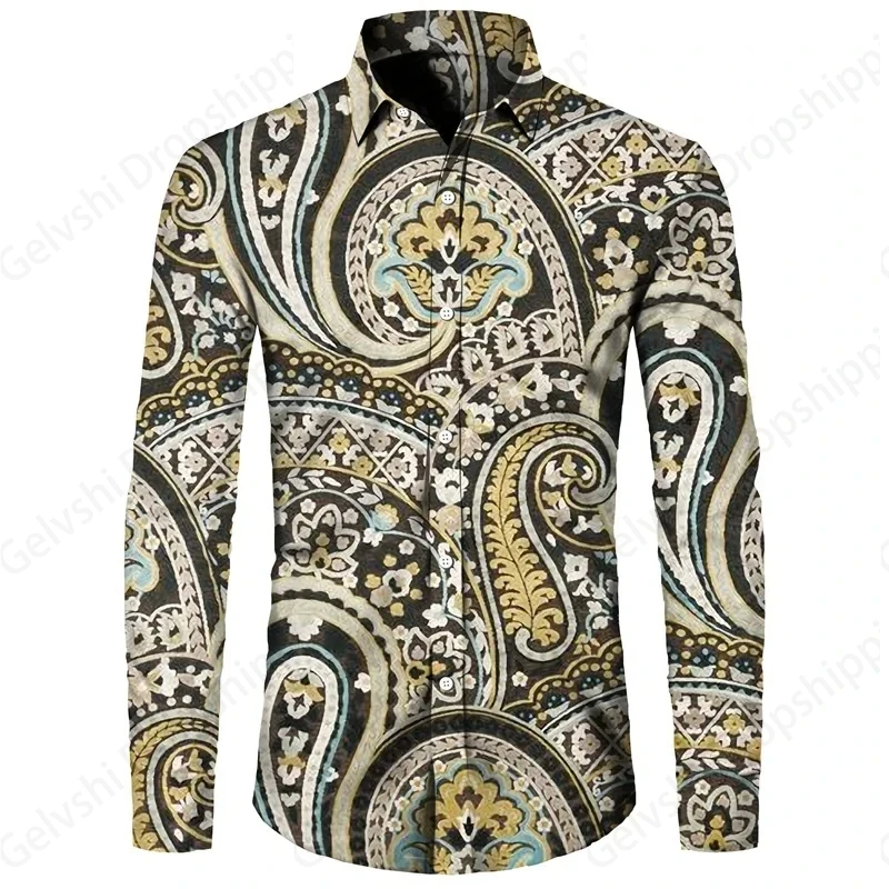 Long Sleeve Hawaiian Shirts Paisley Flower 3d Print Shirts Men Fashion Shirt Casual Beach Blouse Button Up Bluoses Men Clothing