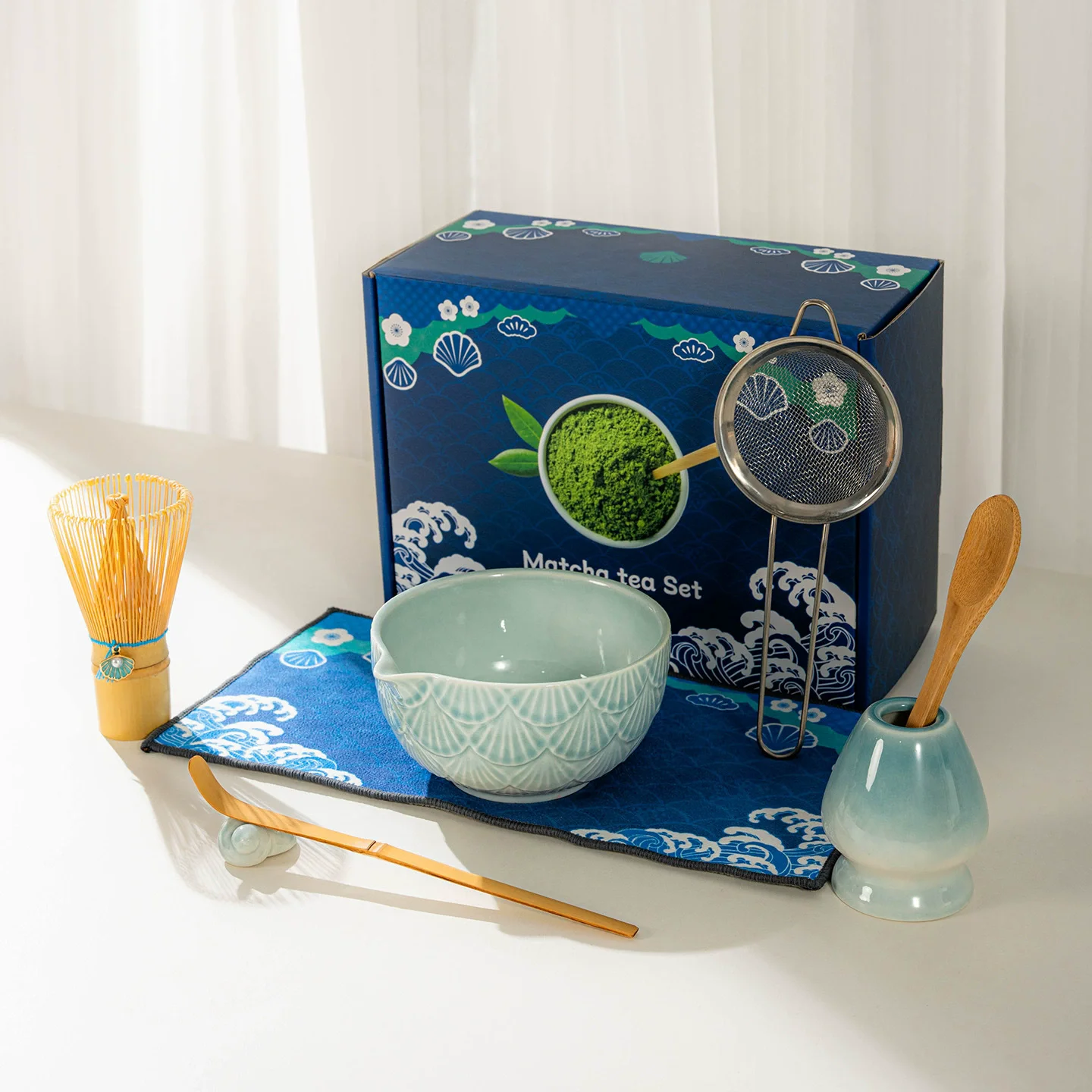 5PCS shell Matcha Set Ceramic Matcha Bowl Bamboo Whisk Scoop Teaspoon Sifter Vintage Song Dynasty Tea Ceremony Kit