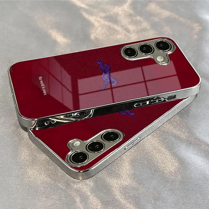 Red background animal pattern glass phone case suitable for Samsung Galaxy S26 S25 S24 S23 S22 S21 S20 FE/Ultra/Plus anti fall